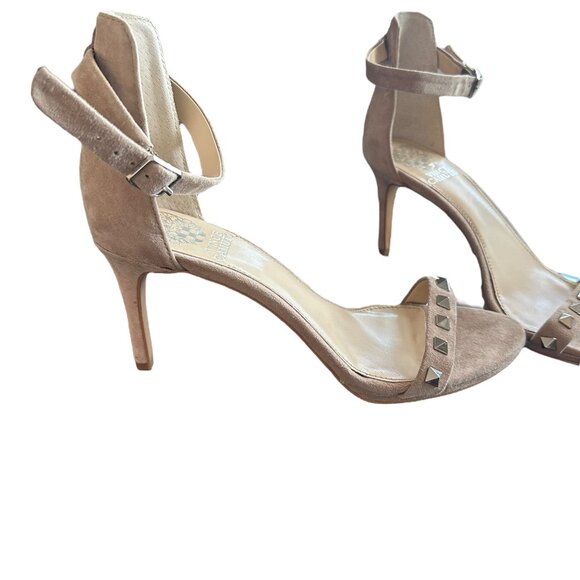 Vince Camuto Nude Suede Heels 3.5โ Studded Ankle Strap Sandals Size 38 / US 8M - Picture 3 of 12